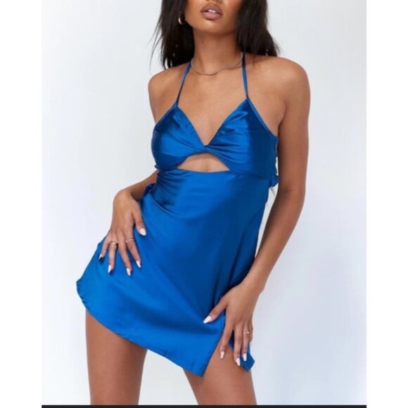 Princess Polly Tiara Satin Cut Out Mini Dress Size 2 Royal Blue Strappy Bodycon - Picture 1 of 9